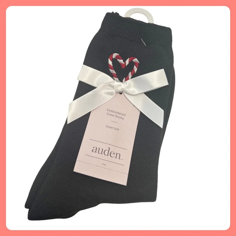 New Auden Black Crew Socks Candy Cane‎ Heart Embroidery Super Soft Women